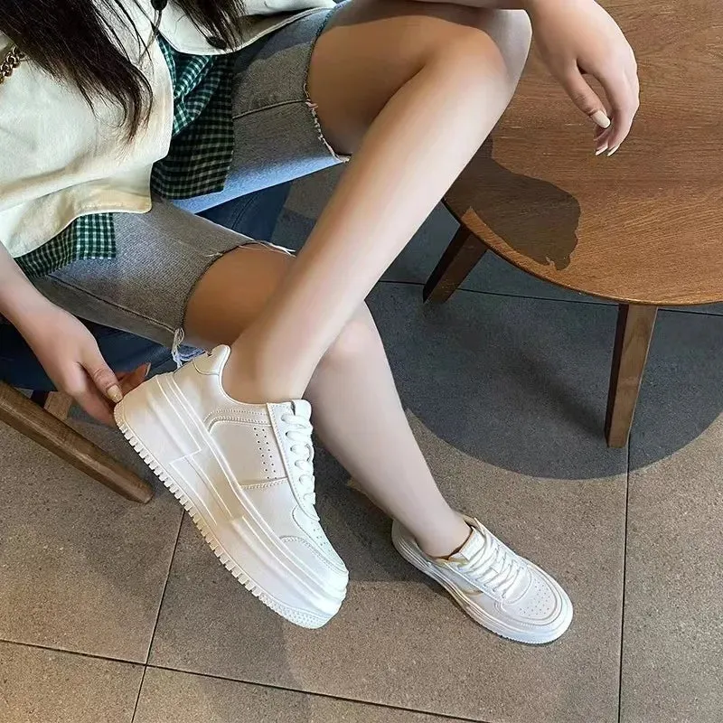 2024 Women's White Leather Casual Sneakers | Breathable Vulcanized Sport Walking & Running Flats