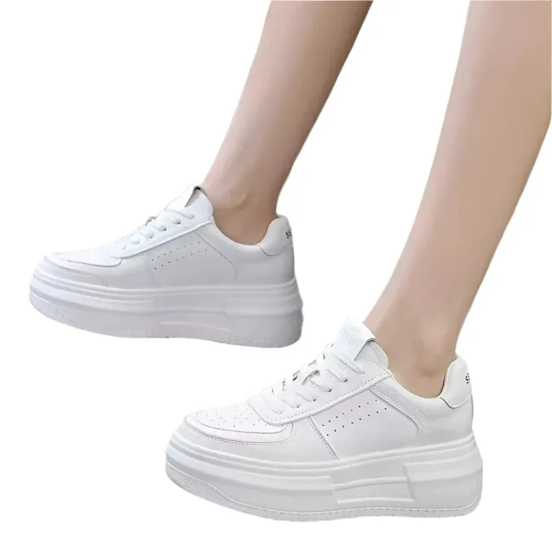 2024 Women's White Leather Casual Sneakers | Breathable Vulcanized Sport Walking & Running Flats