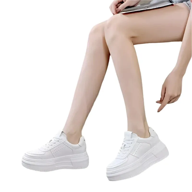 2024 Women's White Leather Casual Sneakers | Breathable Vulcanized Sport Walking & Running Flats