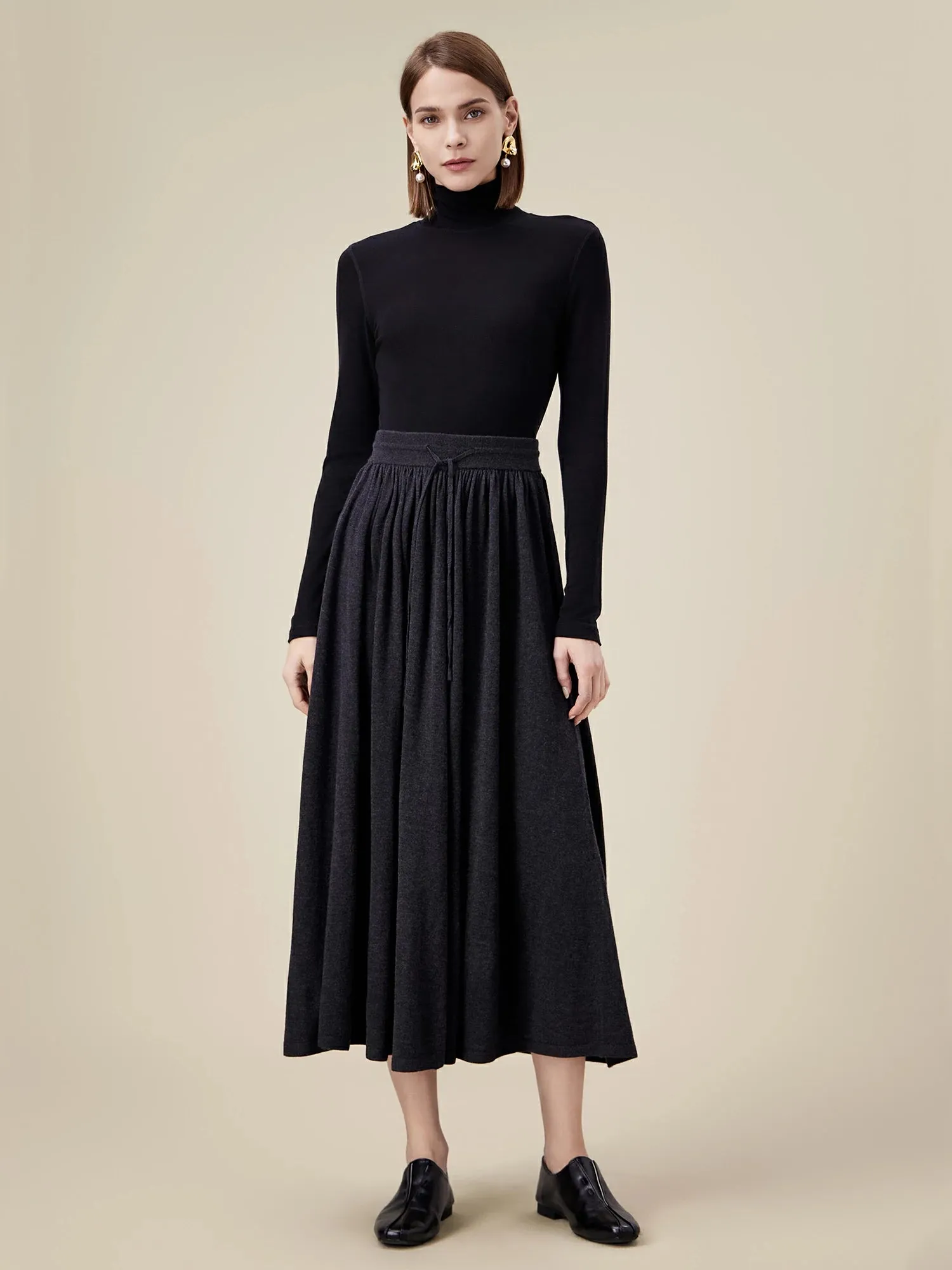 Amoretu Wool Pleated Elastic Waist Skirt