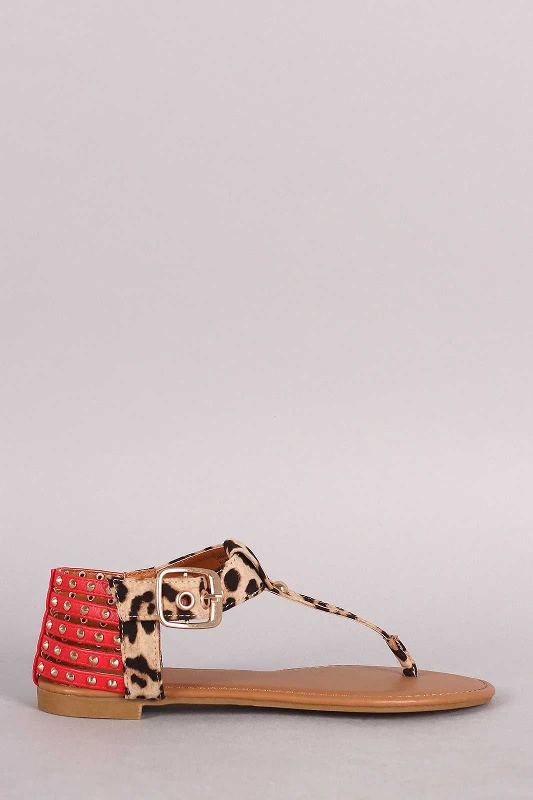 Bamboo Leopard Studded T-Strap Flat Sandal