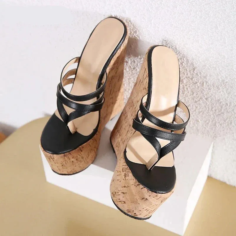 binfenxie  Black Sexy Super 18CM Wedges Narrow Band Pinch Slippers Women Sandals High Heels Platform Mules Shoes