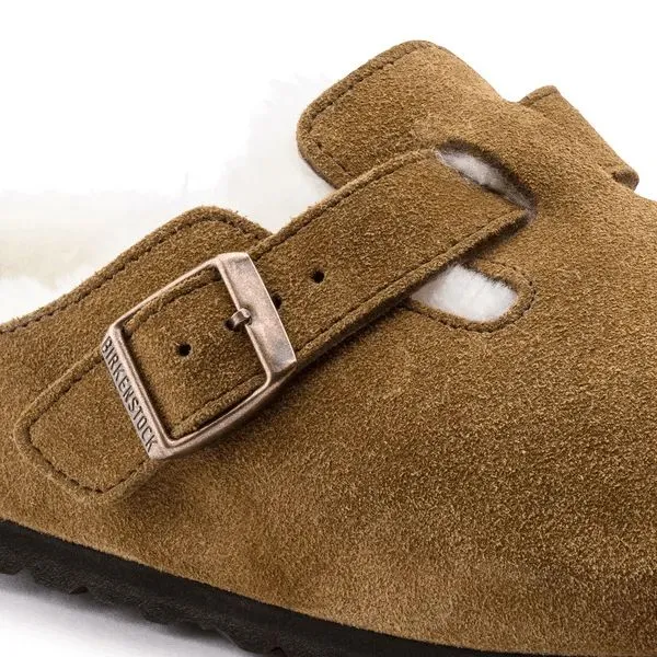 Birkenstock Boston Shearling Leather Ladies Mink Suede Buckle Slip Ons