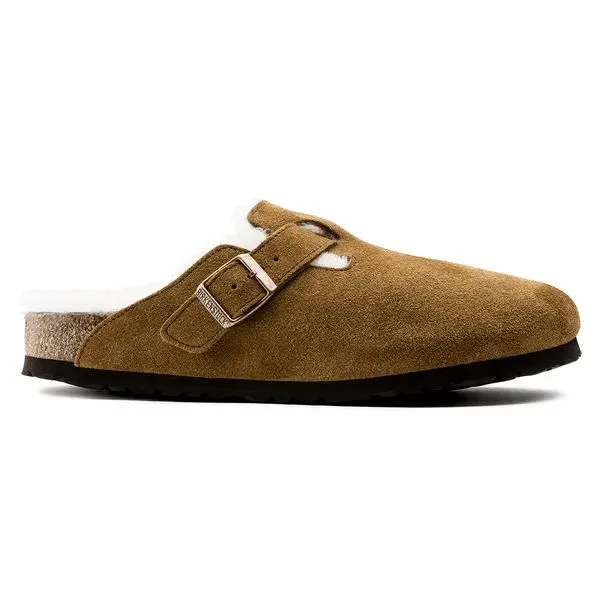 Birkenstock Boston Shearling Leather Ladies Mink Suede Buckle Slip Ons