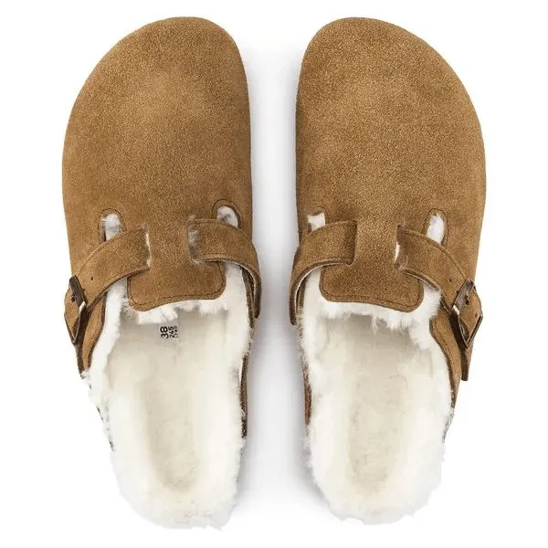 Birkenstock Boston Shearling Leather Ladies Mink Suede Buckle Slip Ons