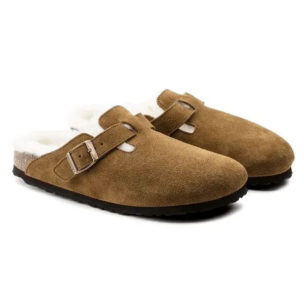 Birkenstock Boston Shearling Leather Ladies Mink Suede Buckle Slip Ons