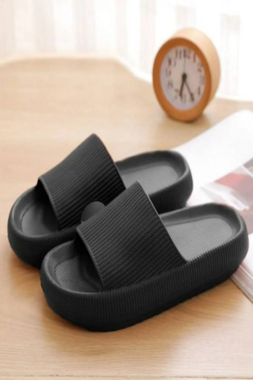 Black Slides Thick Platform Comfy Rubber Sandals