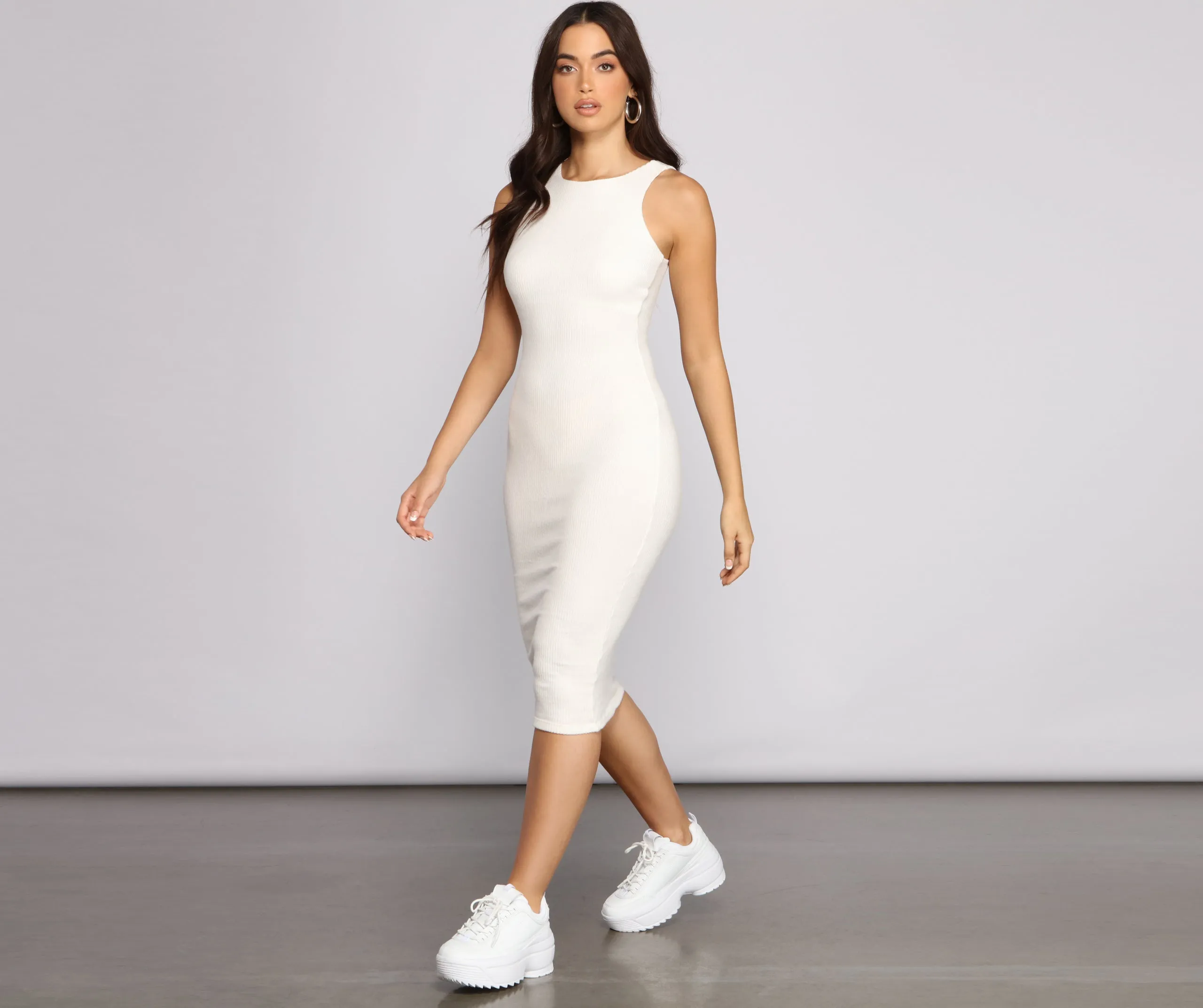 Brushed Knit Sleeveless Crew Neck Midi Dress