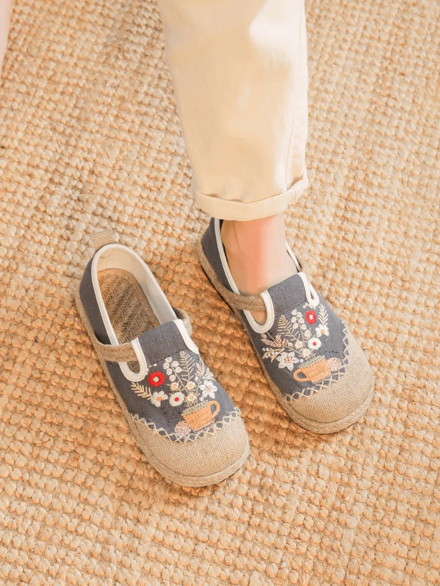 Cactus Rose | Gemma Floral Embroidered Linen Espadrilles - Grey