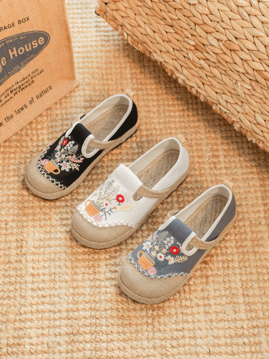 Cactus Rose | Gemma Floral Embroidered Linen Espadrilles - Grey