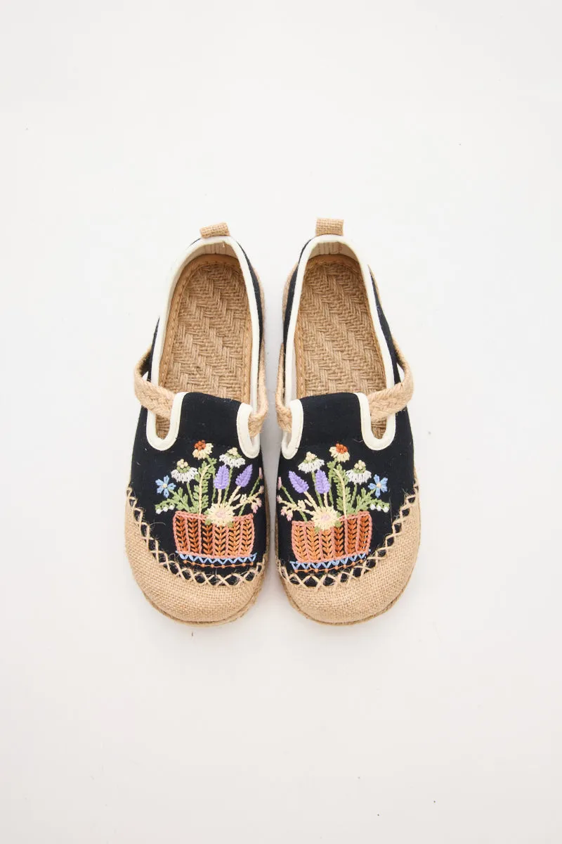 Cactus Rose | Kahului Embroidered Linen Espadrilles - Black