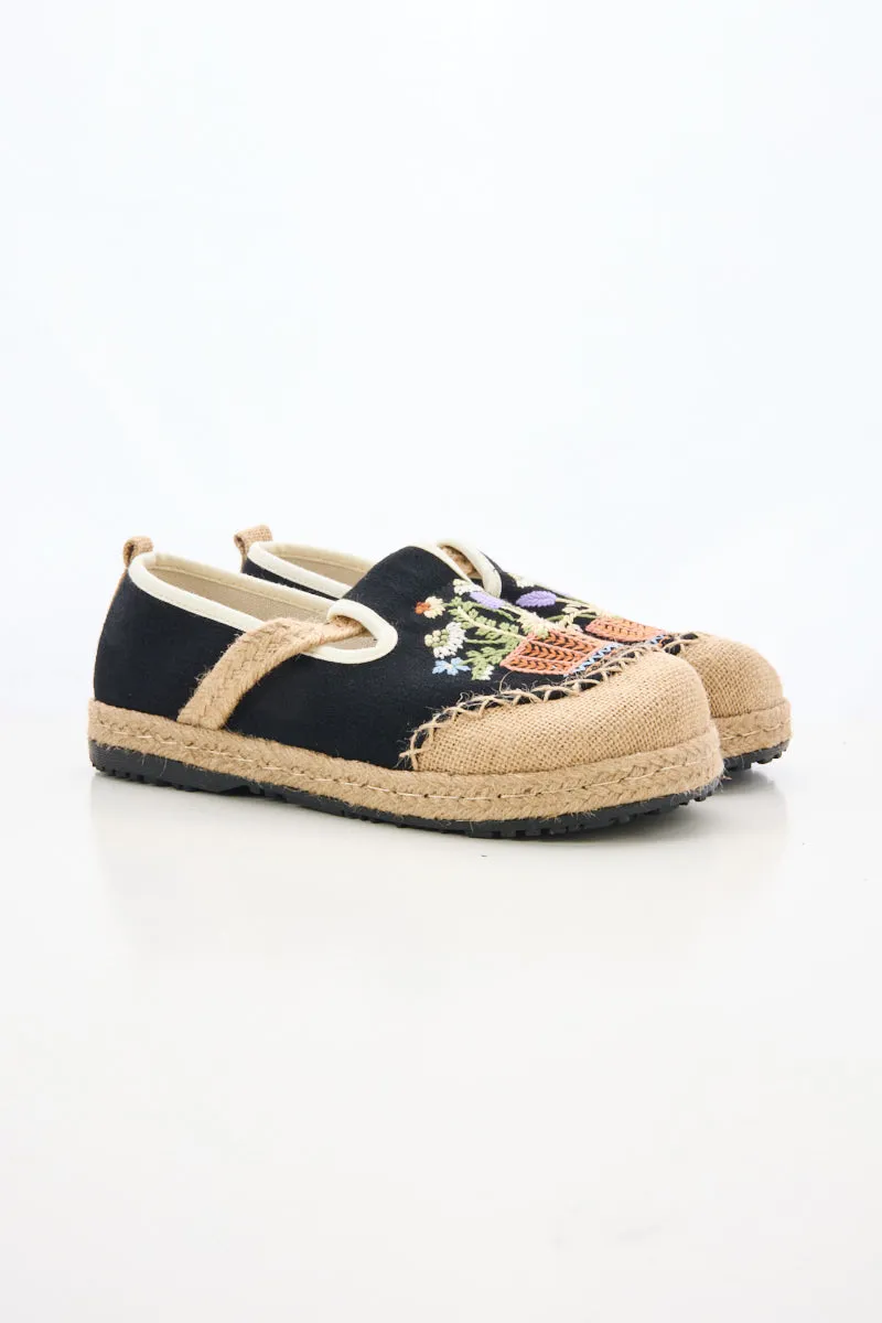 Cactus Rose | Kahului Embroidered Linen Espadrilles - Black