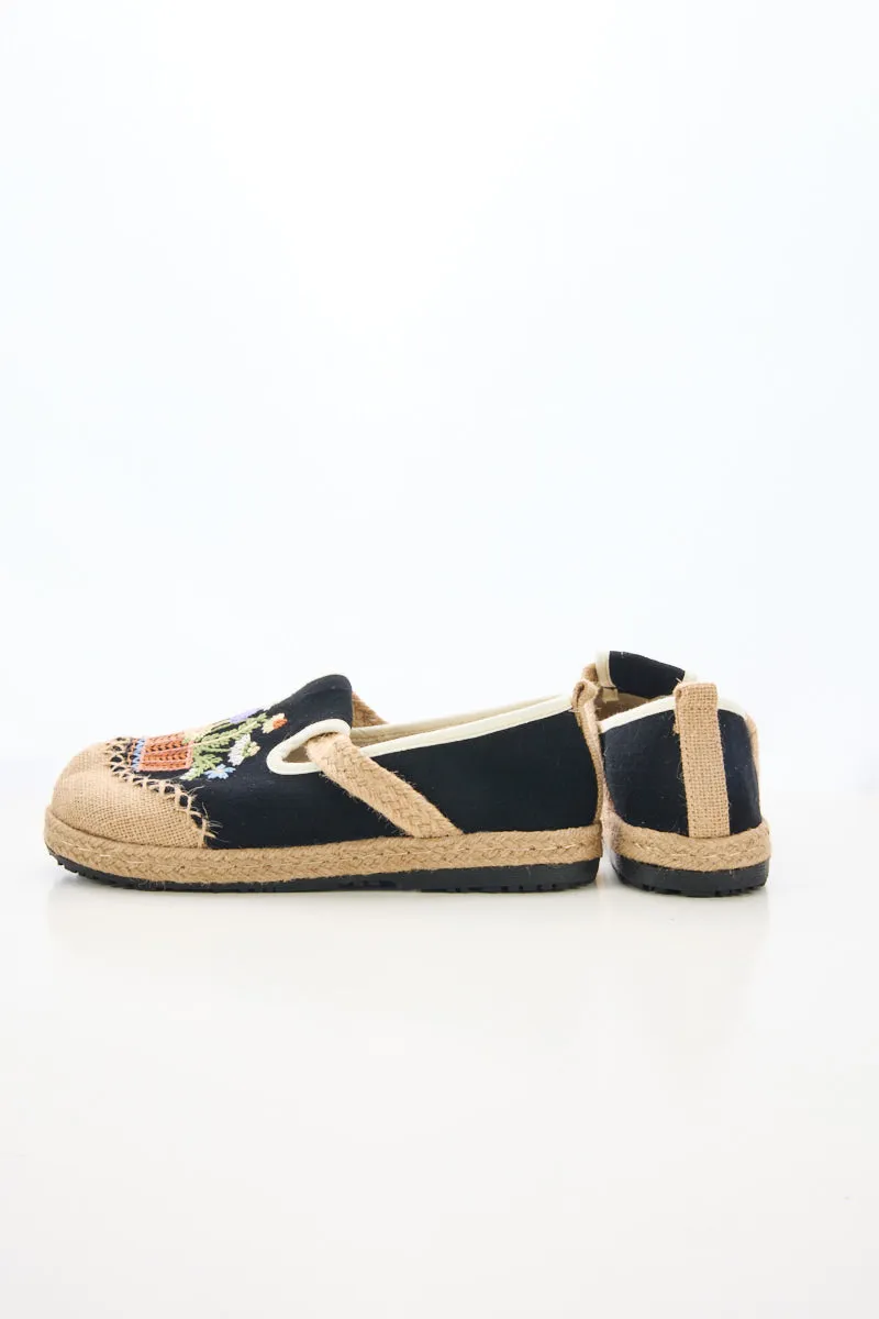 Cactus Rose | Kahului Embroidered Linen Espadrilles - Black