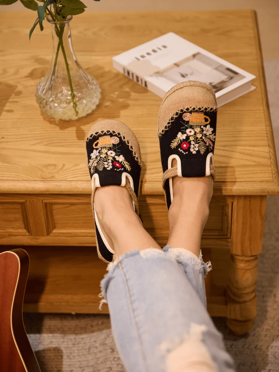 Cactus Rose | Kahului Embroidered Linen Espadrilles - Black