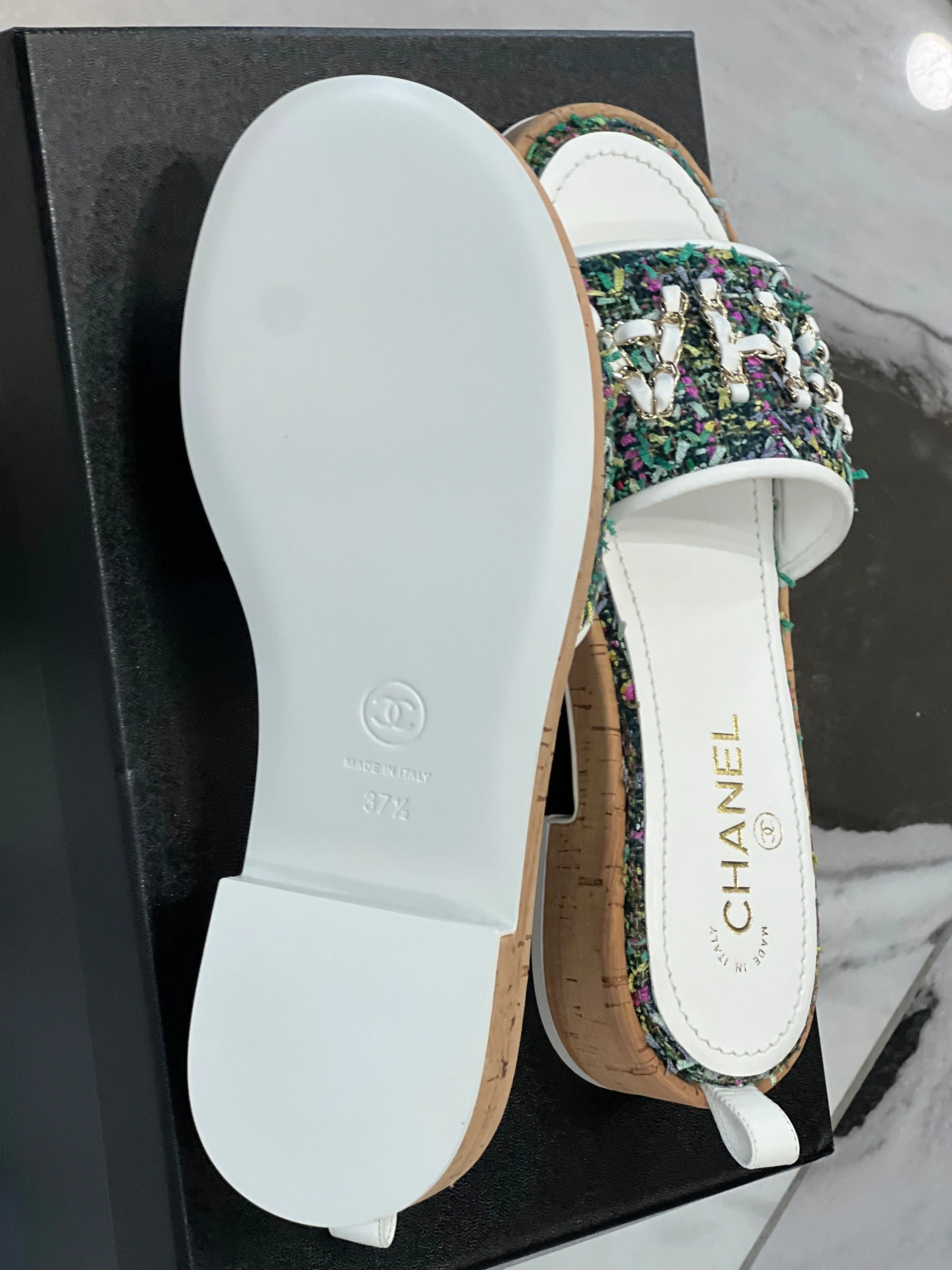 CHANEL TWEED LEATHER MULES SANDALS