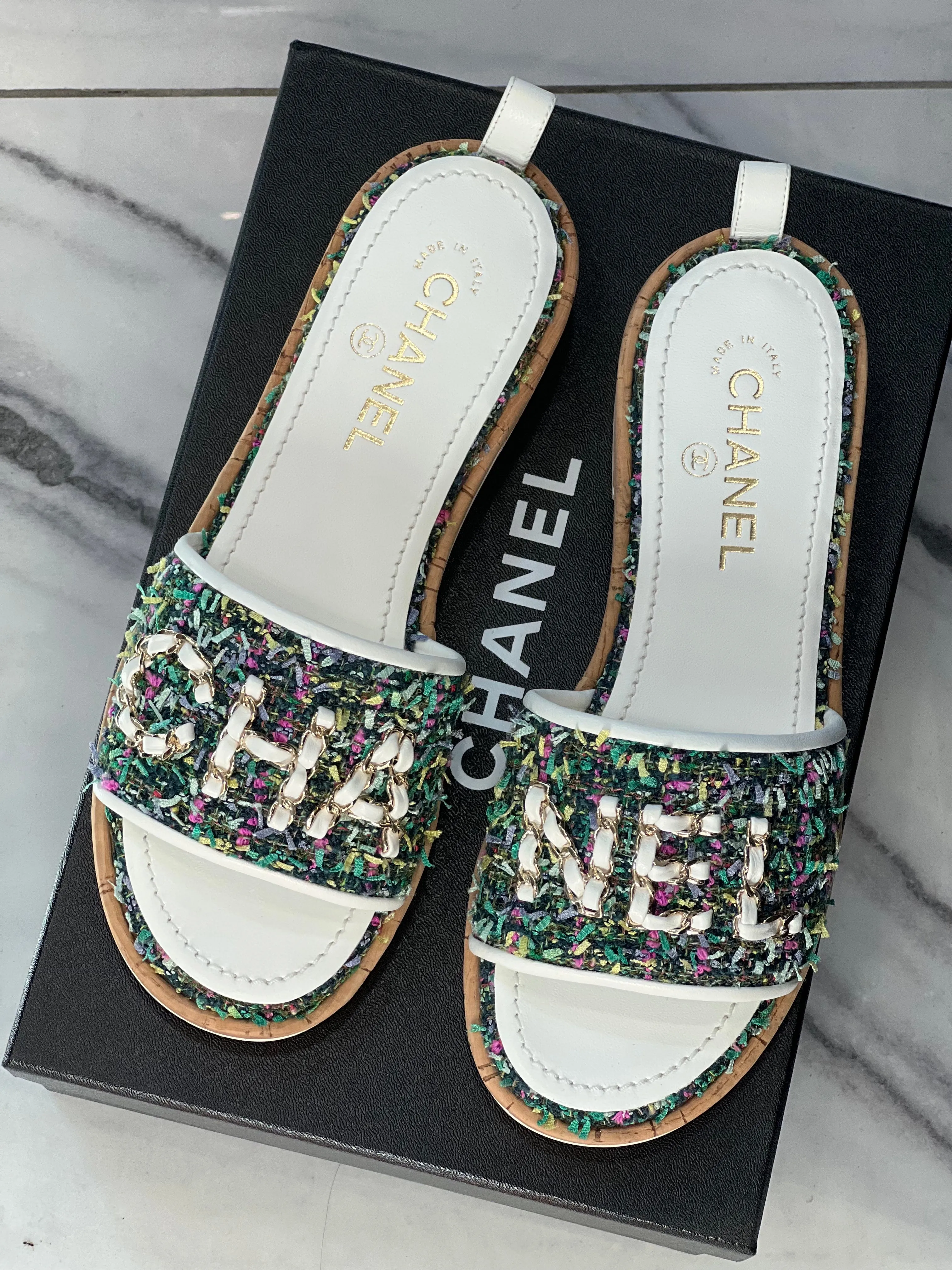 CHANEL TWEED LEATHER MULES SANDALS