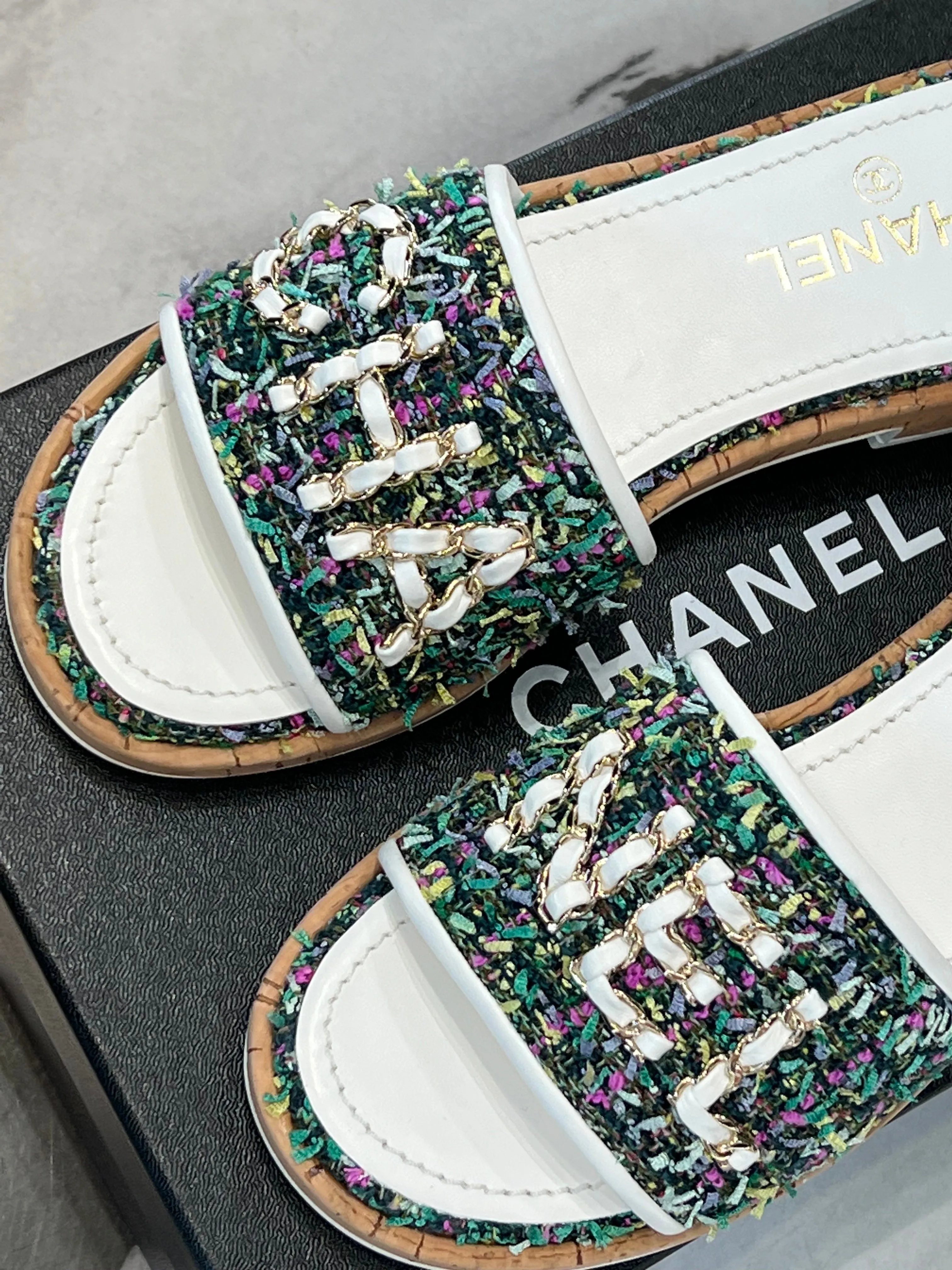 CHANEL TWEED LEATHER MULES SANDALS