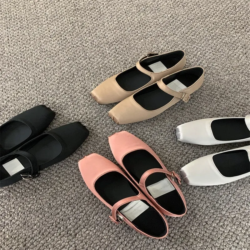 Chicmy 2023 NEW Classic Silk Ballet Shoes Buckle Strap Ballet Shoes Women Square Toe Simple Women Flats Elegant Valentine Shoes