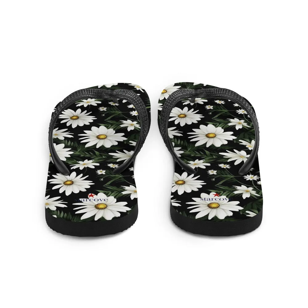 Daisy Flip Flops, White Floral Flowers Comfortable Thong Sandals Summer Woman Men Beach Print Rubber Slip On Shoes