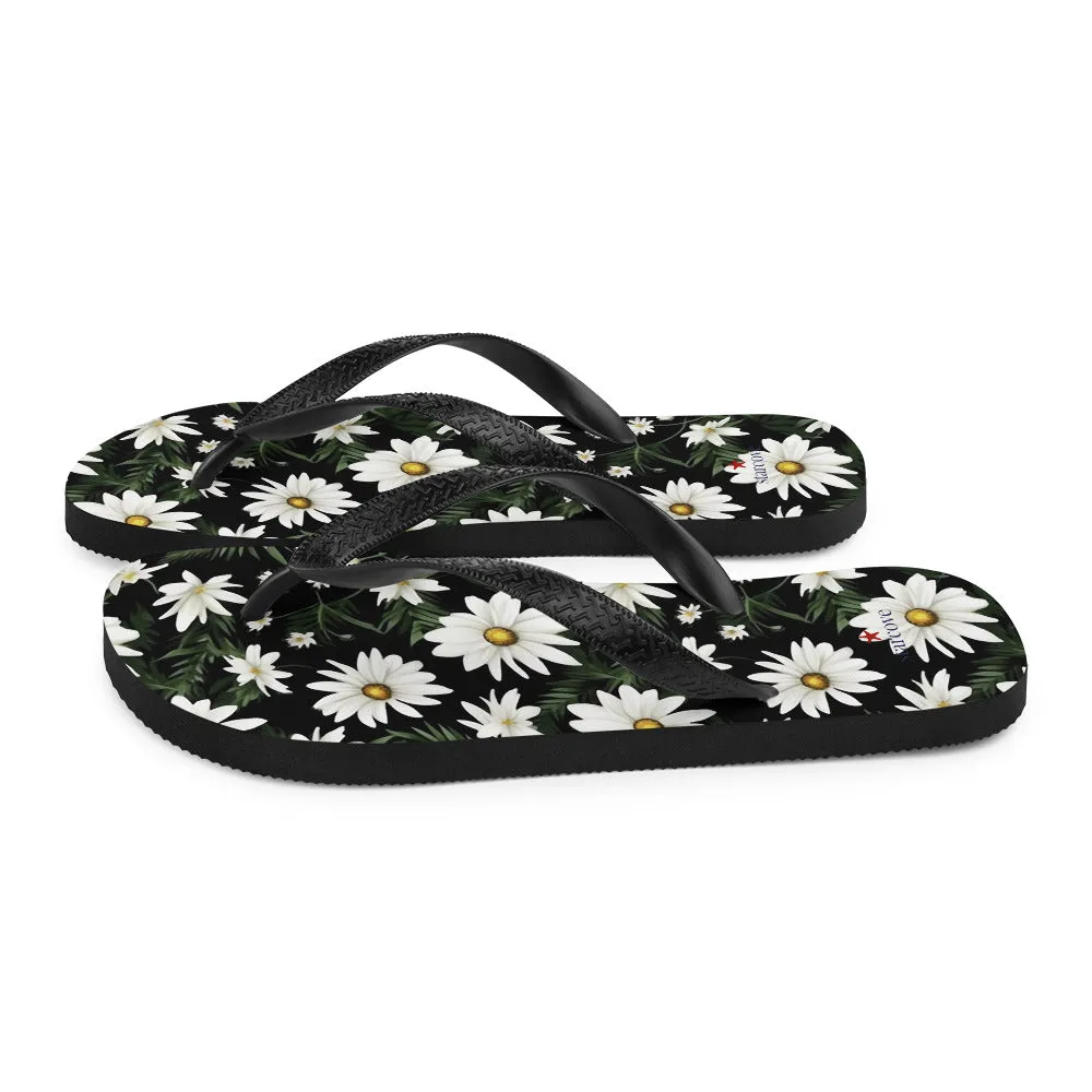 Daisy Flip Flops, White Floral Flowers Comfortable Thong Sandals Summer Woman Men Beach Print Rubber Slip On Shoes