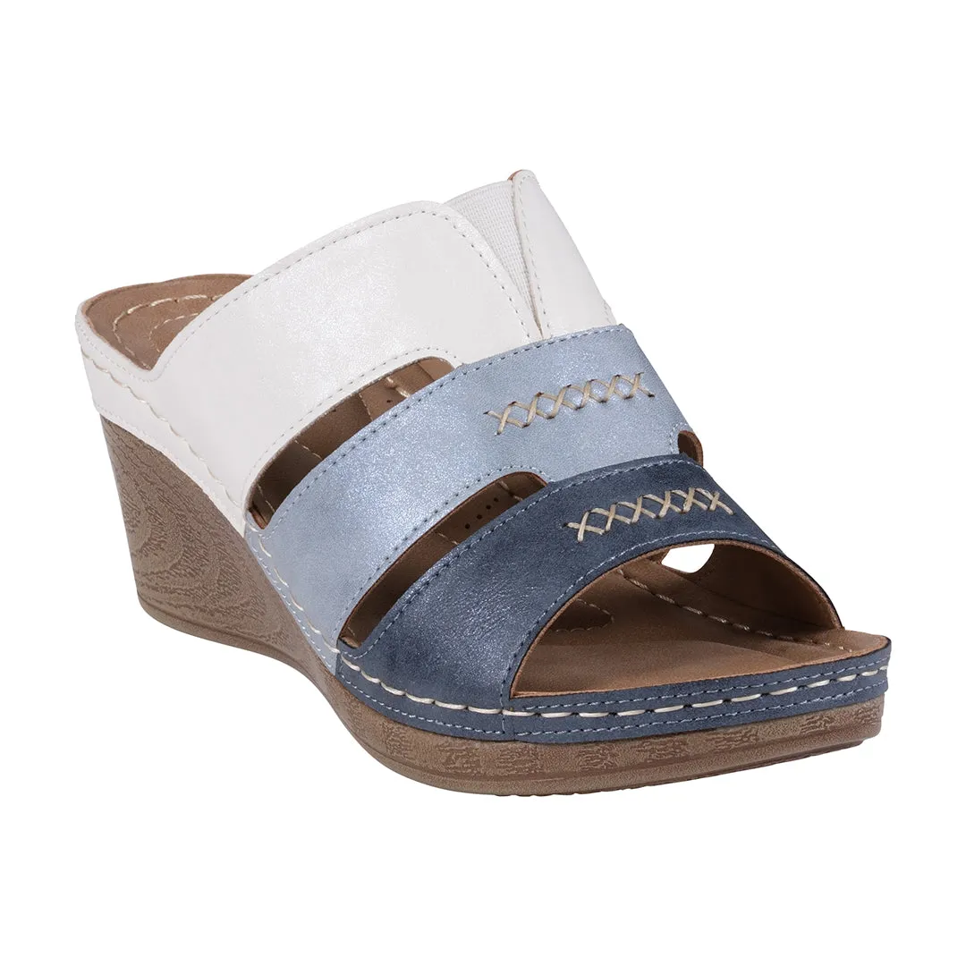 Delores White Multi-Tone Triple Band Contrast Wedge Sandals