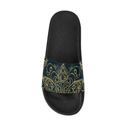 Flip-Flop Sandals, Black and Gold Swirl Style Women's Slides