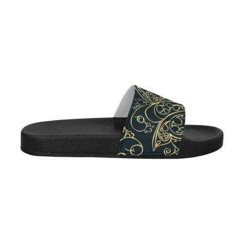 Flip-Flop Sandals, Black and Gold Swirl Style Women's Slides