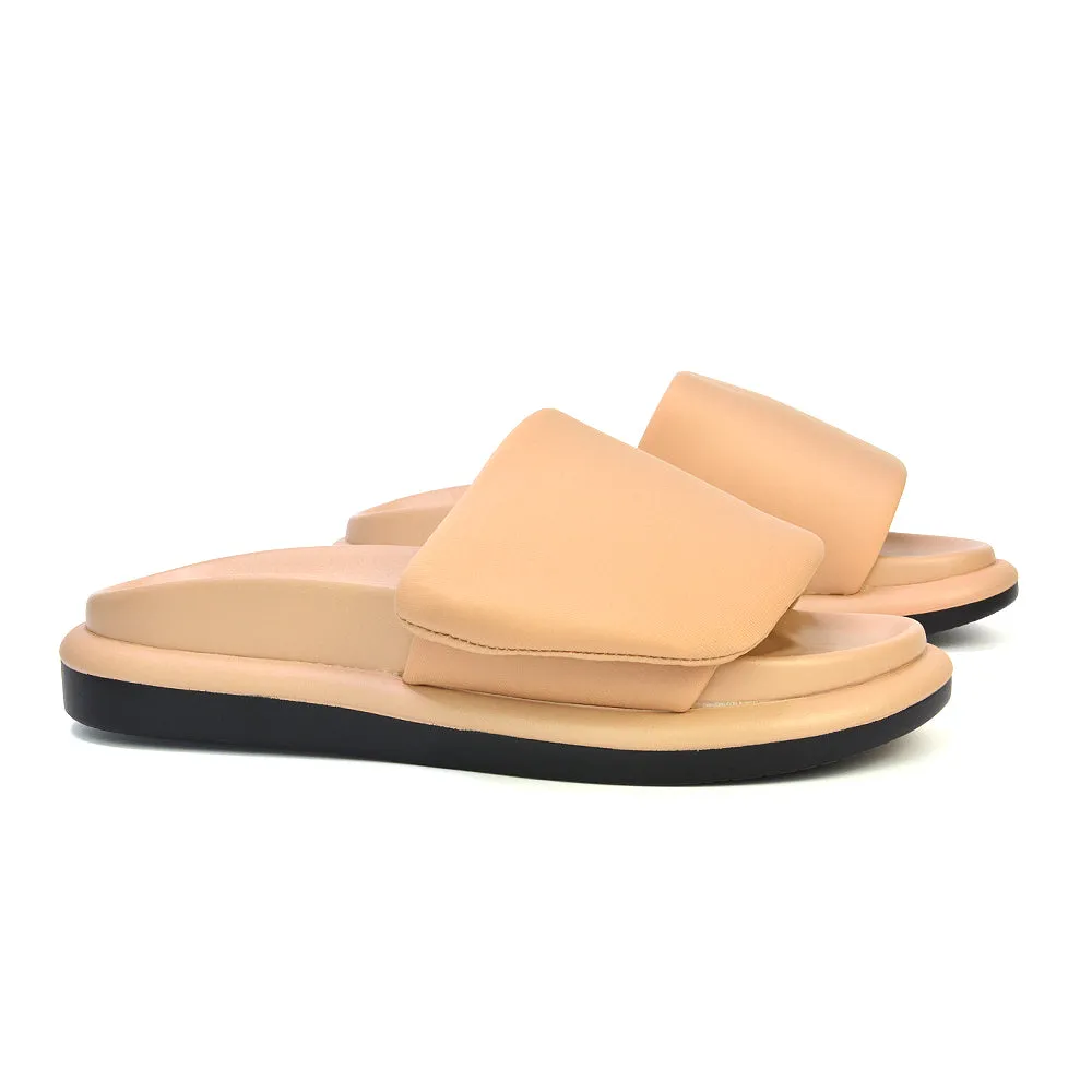 Geri Slip On Adjustable Strap Flatform Slider Flat Sandals in Nude