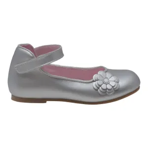 Girls Silver Flower Applique Strap Flats 11-12 Kids