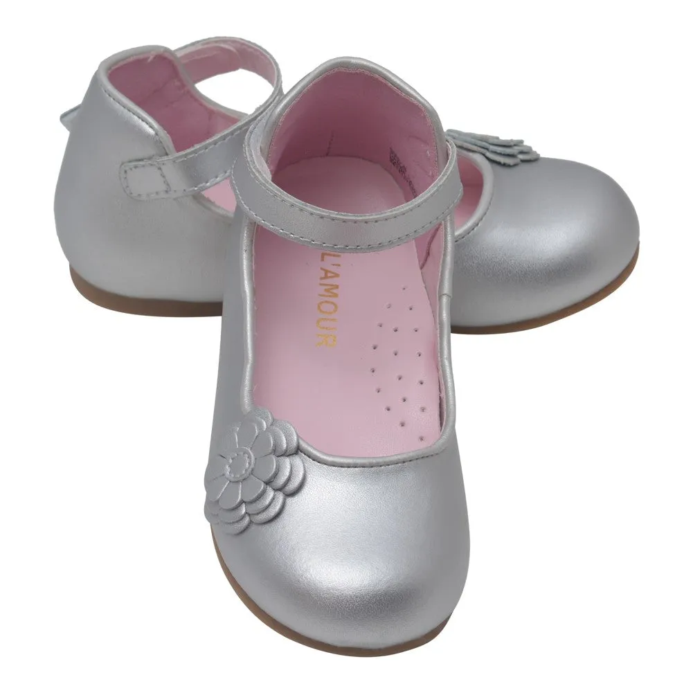 Girls Silver Flower Applique Strap Flats 11-12 Kids