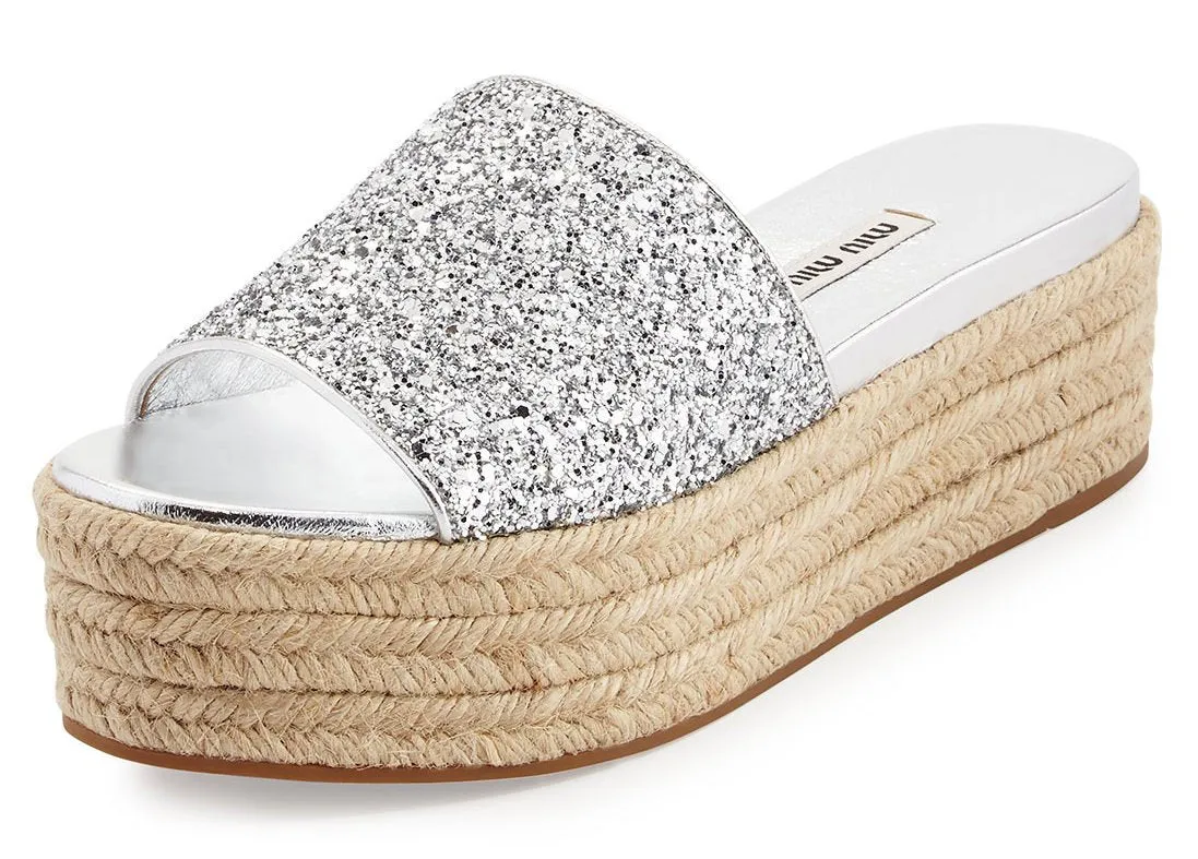 Glitter Platform Espadrilles Slide Sandal - Argento - (Silver or Gold)