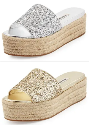 Glitter Platform Espadrilles Slide Sandal - Argento - (Silver or Gold)