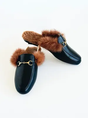 Luxe Escape Fur-Lined Mules - Black