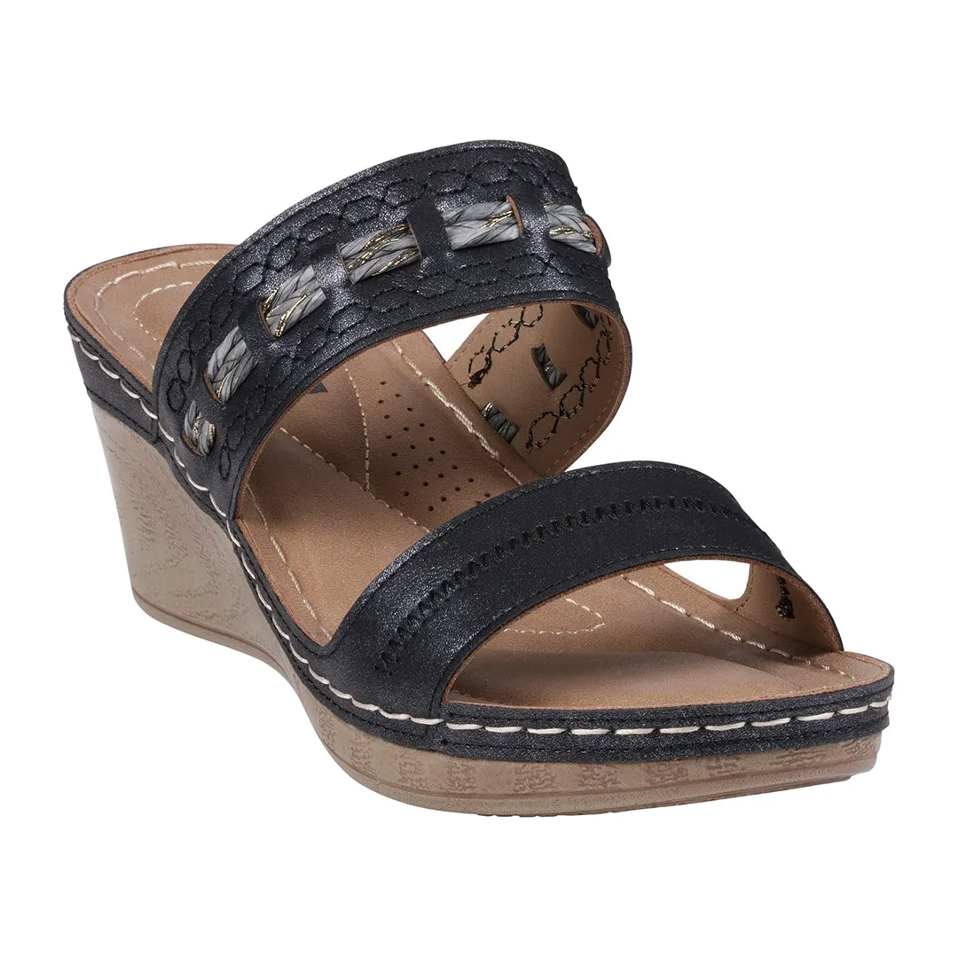 Mariah Black Open Toe Double Band Wedge Sandals