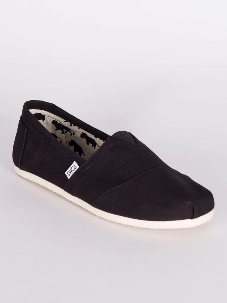 MENS TOMS CLASSICS BLACK CANVAS SLIP-ONS - CLEARANCE