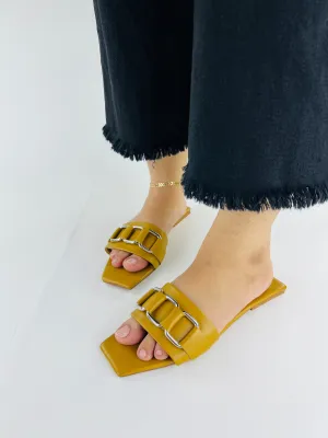 Ring Square Head Flat-Bottomed Mustard Flip Flops Slippers