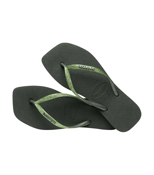 Slim Square Glitter Flip Flops Green Olive