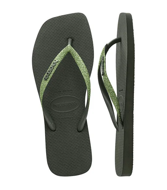 Slim Square Glitter Flip Flops Green Olive