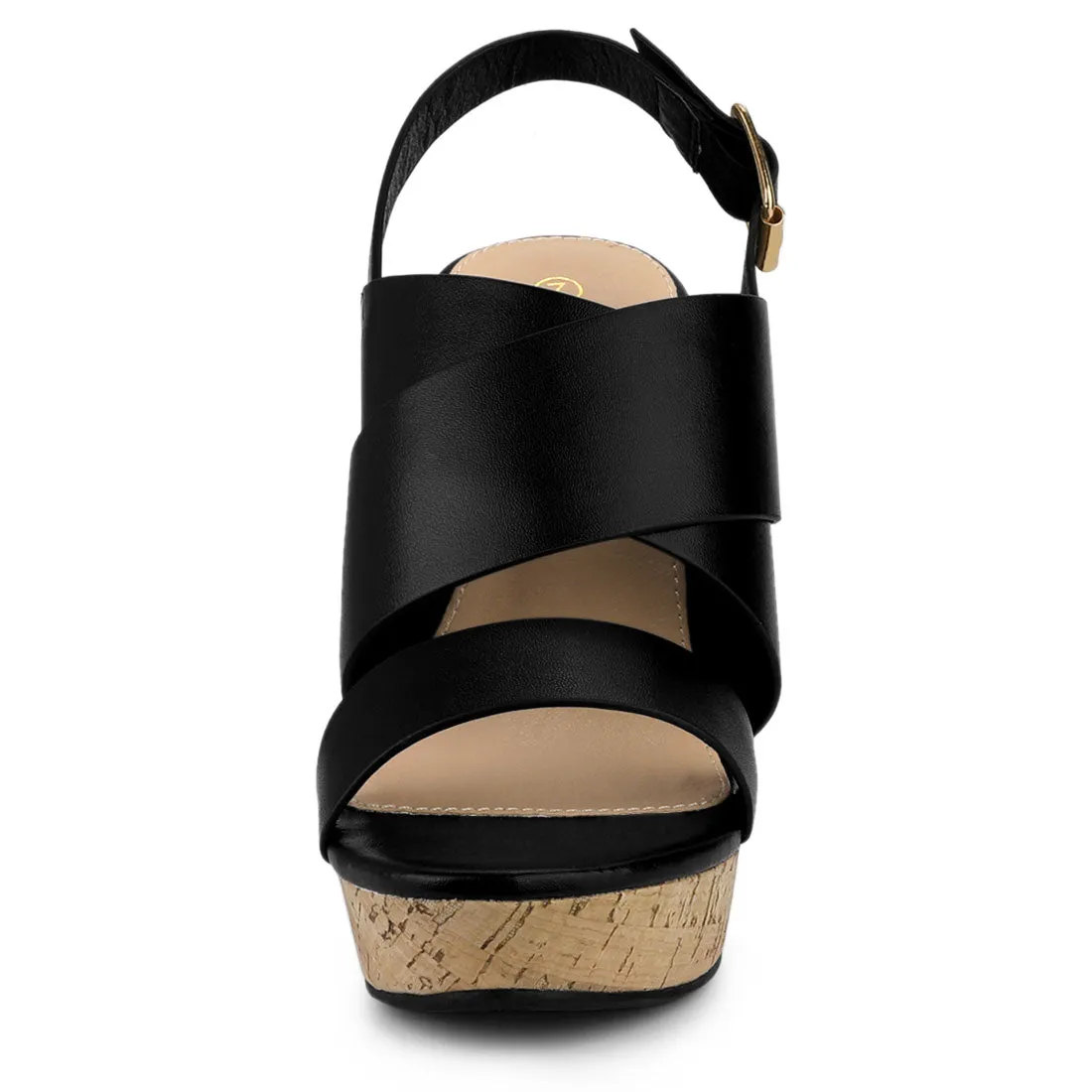 Solid Straps Wood Platform Wedge Slingback Sandals