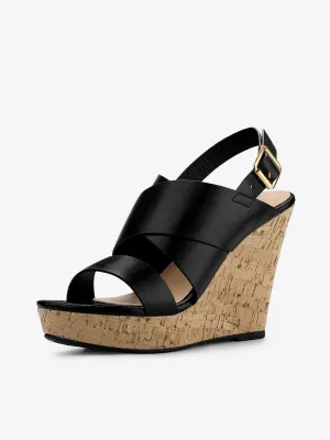 Solid Straps Wood Platform Wedge Slingback Sandals