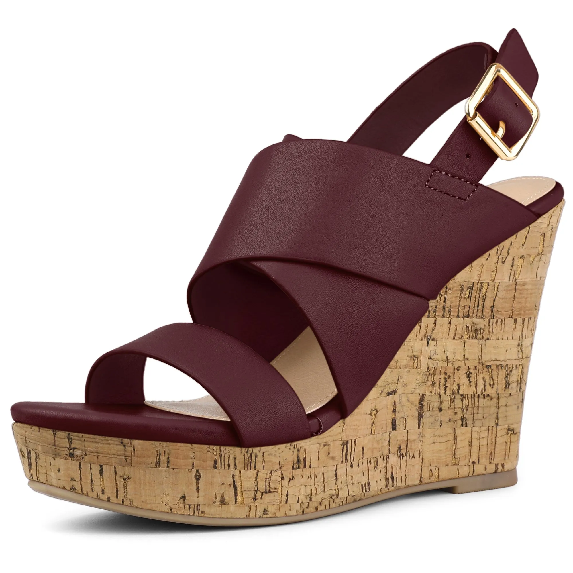 Solid Straps Wood Platform Wedge Slingback Sandals