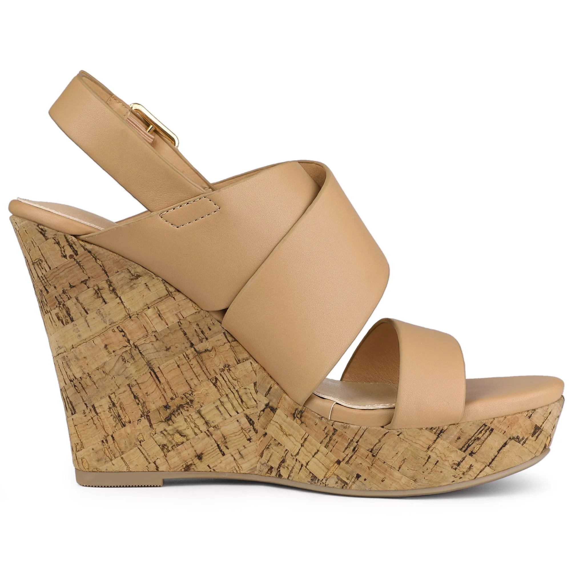 Solid Straps Wood Platform Wedge Slingback Sandals