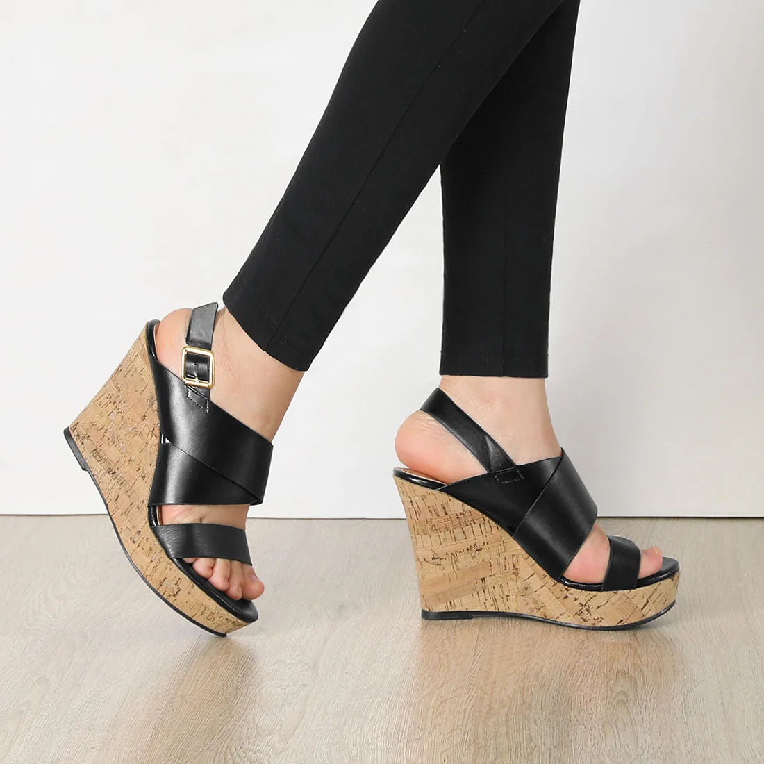 Solid Straps Wood Platform Wedge Slingback Sandals