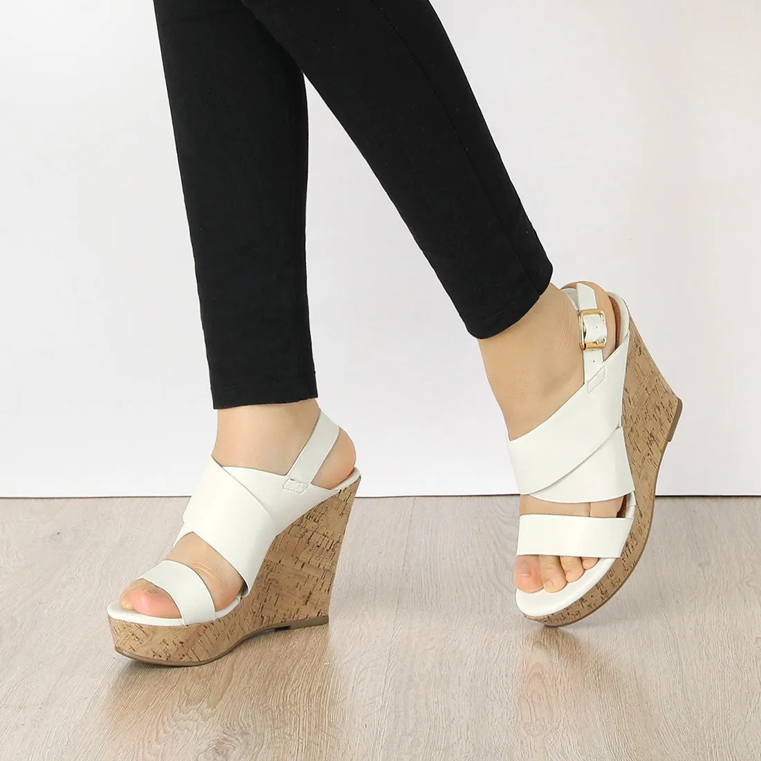 Solid Straps Wood Platform Wedge Slingback Sandals