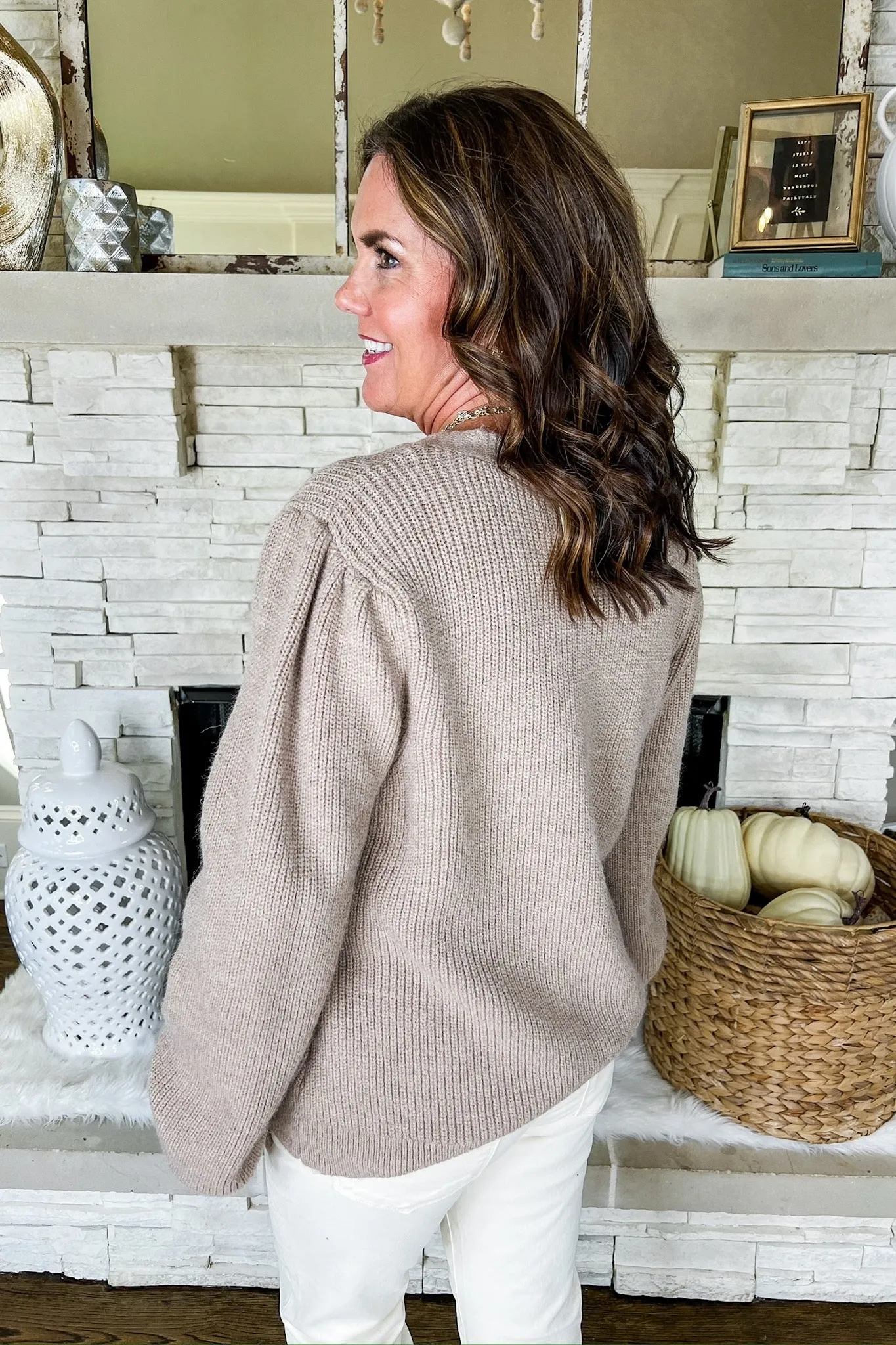 V Neck Button Down Taupe Lantern Sleeve Knit Sweater Cardigan