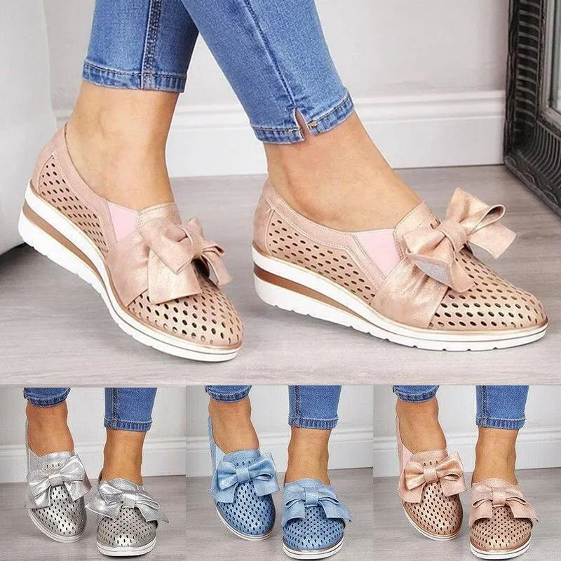 Women Casual Leather Flats BOWKNOT SNEAKERS