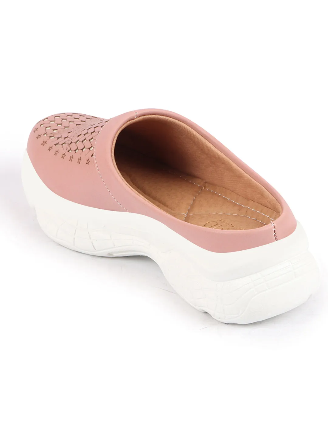 Women Peach Laser Cut Design Stitched Back Open Slip-On Mules Shoes