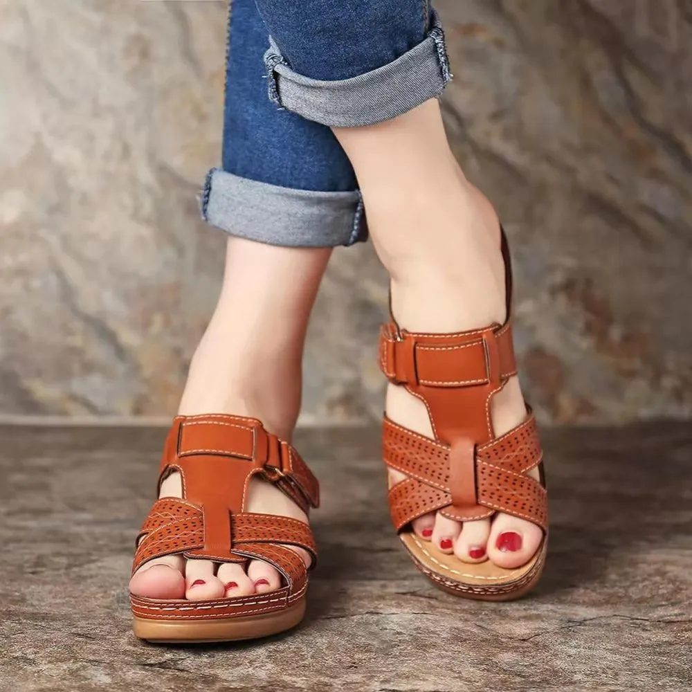 Women summer peep toe platform wedge slides arch support velcro slides