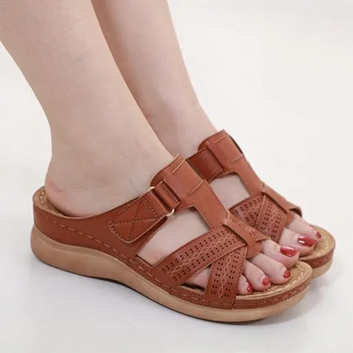 Women summer peep toe platform wedge slides arch support velcro slides