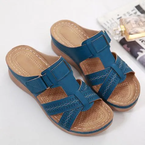 Women summer peep toe platform wedge slides arch support velcro slides